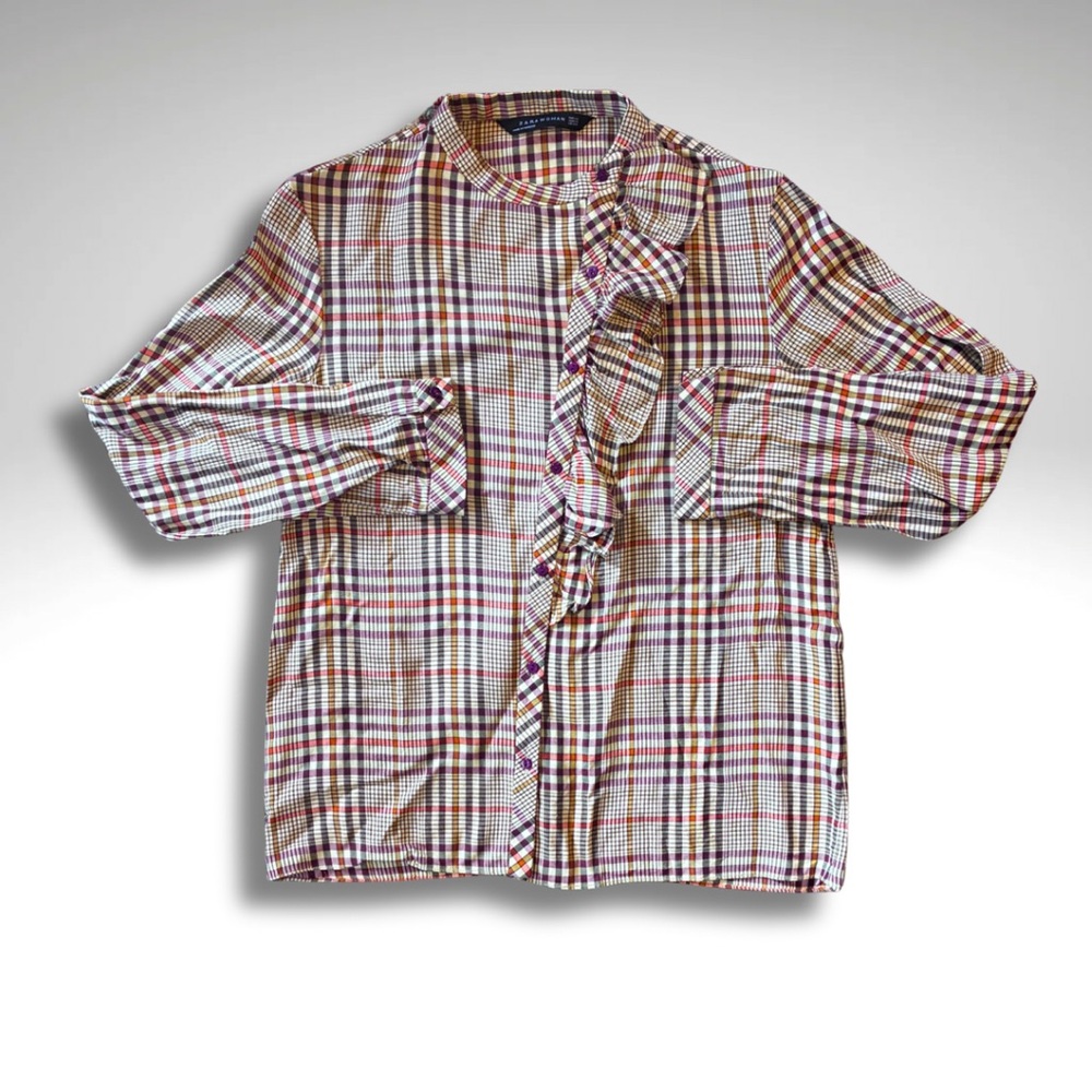 Cottagecore Ruffle Front Plaid Shirt XS